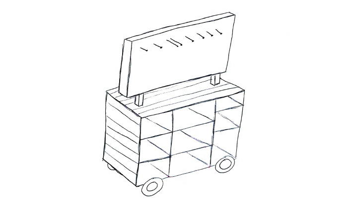 meuble avec cases de rangement ouvertes et roulettes