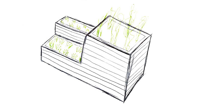 croquis d'un meuble potager en bois avec 3 bacs à hauteur différente